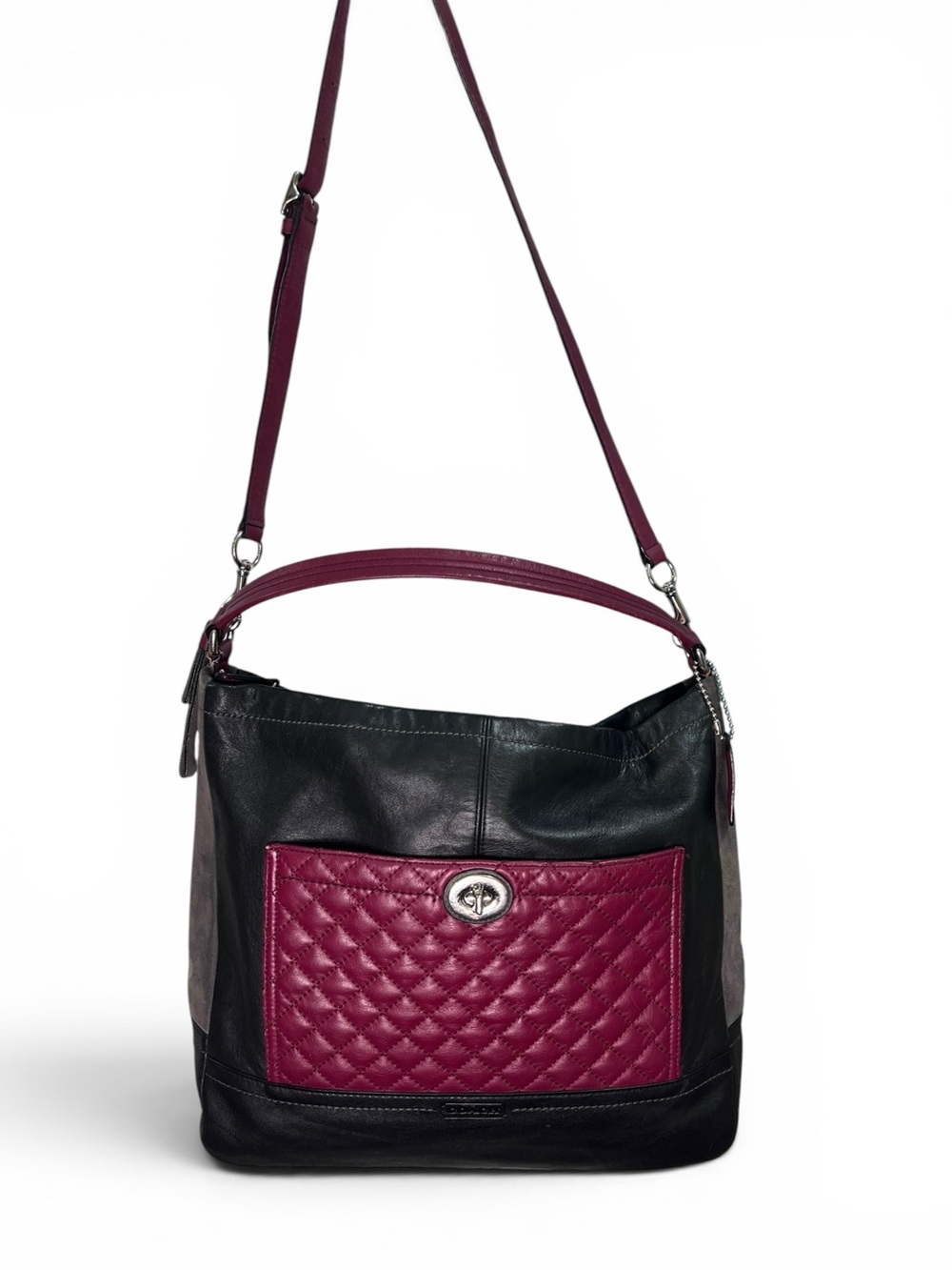 Coach Park Quilted Colorblock Maroon Leather & Suede Shoulder Hobo Bag F24981